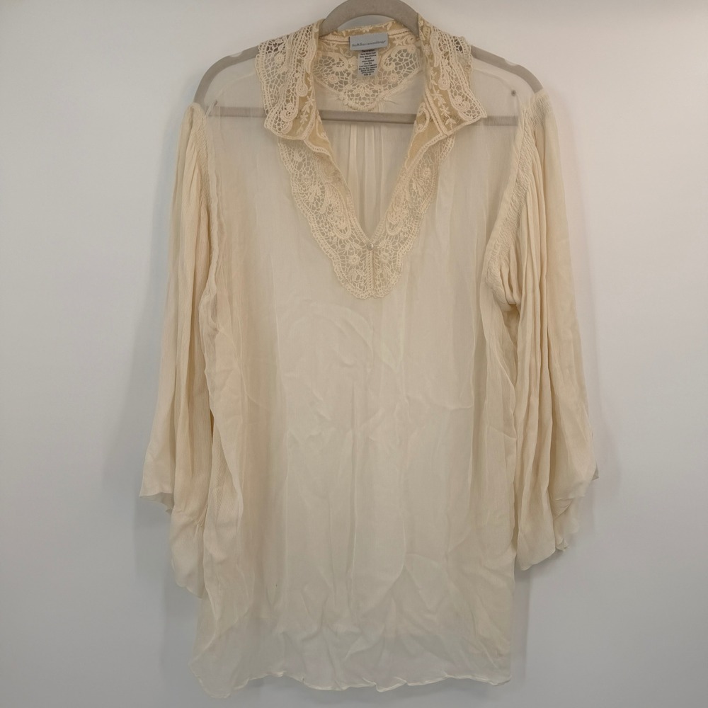 Soft Surroundings Ivory Lace Trim Bell Sleeve Viscose Tunic Cover Top 2X Fairy